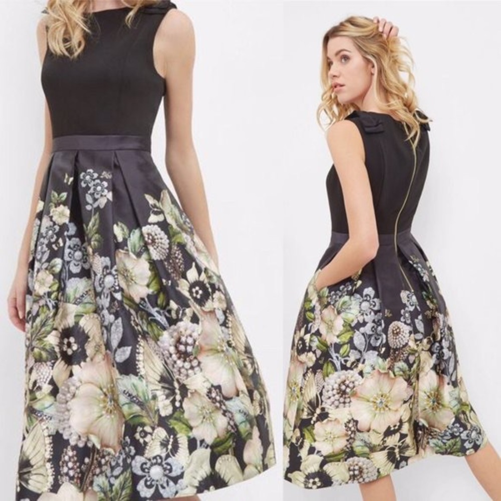 NWOT Ted Baker London Black Molyka Gem Gardens Floral Midi Dress - no bows